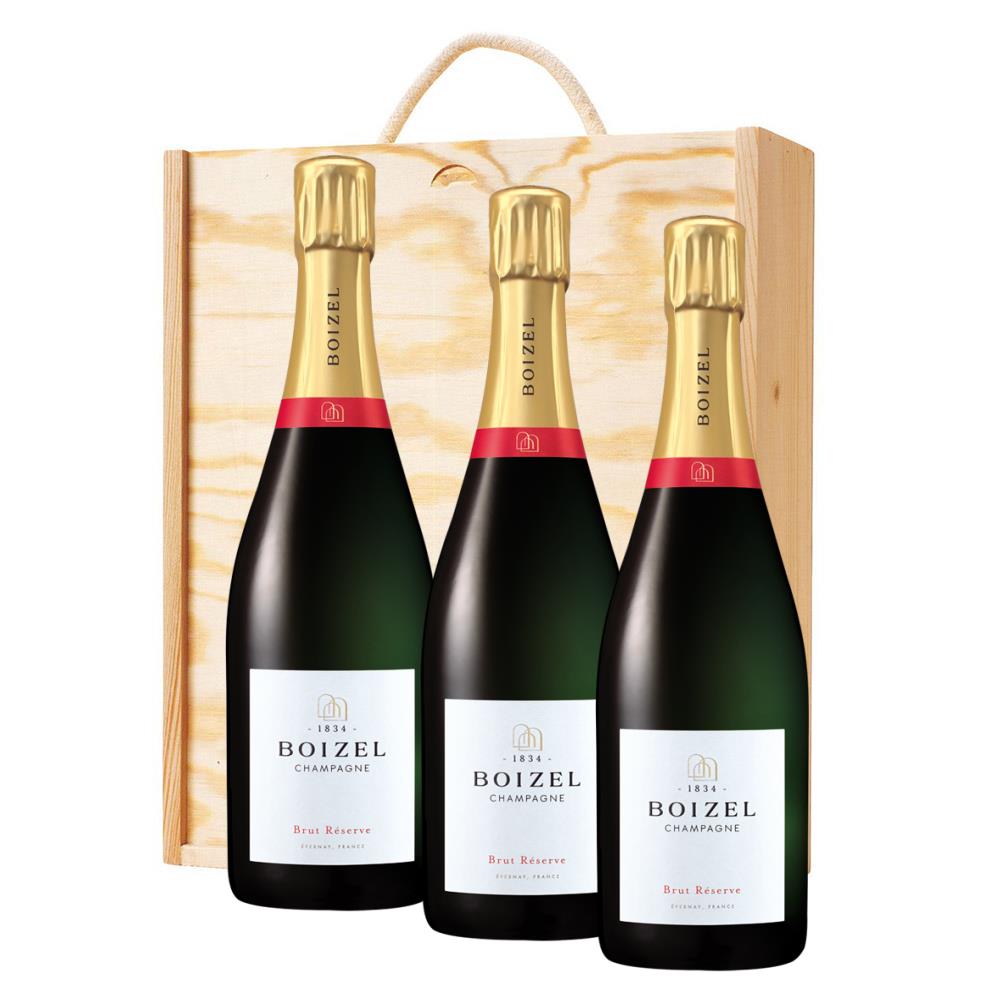 3 x Boizel Brut Reserve NV Champagne 75cl In A Pine Wooden Gift Box